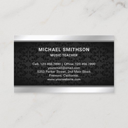 Black Damask Muziekdocent Zilveren Drum Kit Drumme Visitekaartje (Achterkant)