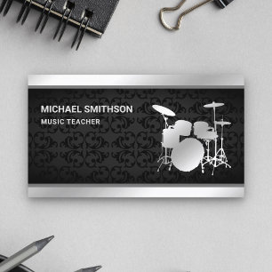 Black Damask Muziekdocent Zilveren Drum Kit Drumme Visitekaartje