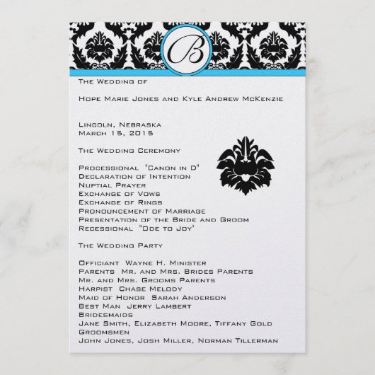 Black Damask on White Aqua Trim Wedding Program Programmakaart (Voorkant)