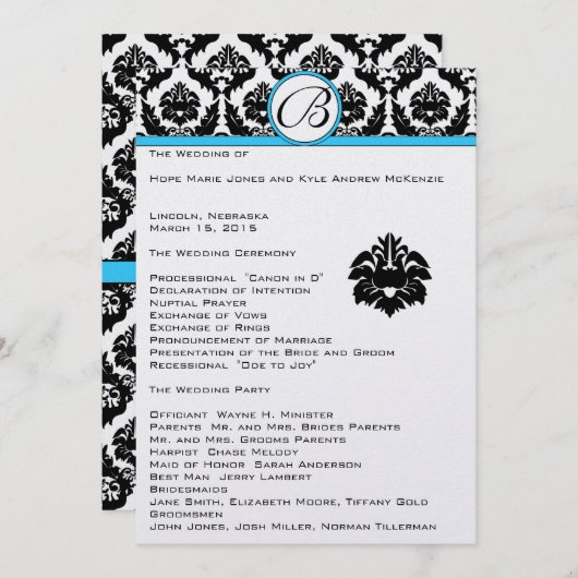Black Damask on White Aqua Trim Wedding Program Programmakaart (Voorkant / Achterkant)