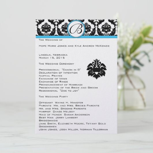 Black Damask on White Aqua Trim Wedding Program Programmakaart (Staand voorkant)