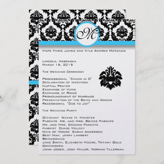 Black Damask on White Aqua Trim Wedding Program Programmakaart (Voorkant / Achterkant)