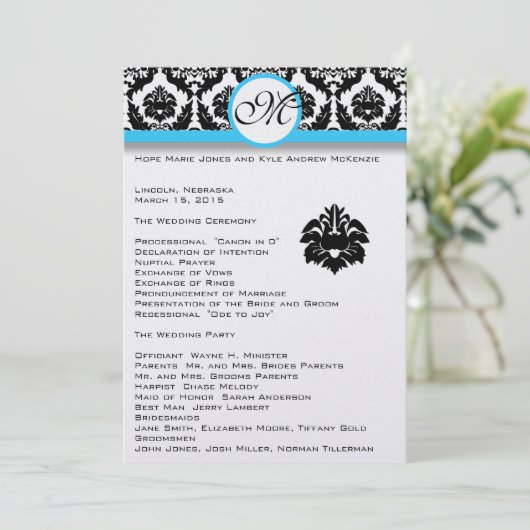 Black Damask on White Aqua Trim Wedding Program Programmakaart (Staand voorkant)
