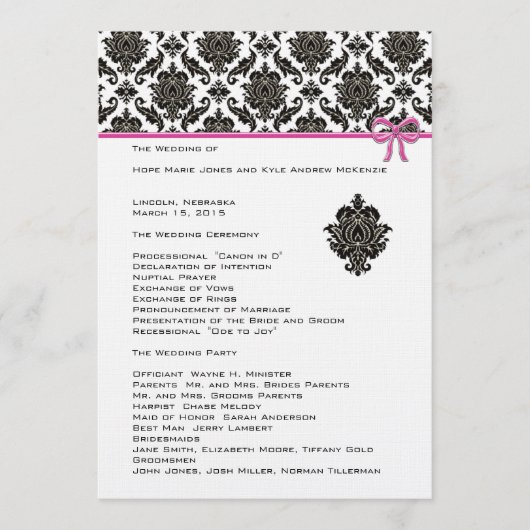 Black Damask on White Pink Trim Wedding Program Programmakaart (Voorkant)