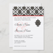 Black Damask on White Red Trim Weddenschap Kaart (Achterkant)