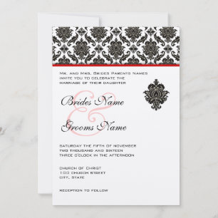 Black Damask on White Red Trim Weddenschap Kaart
