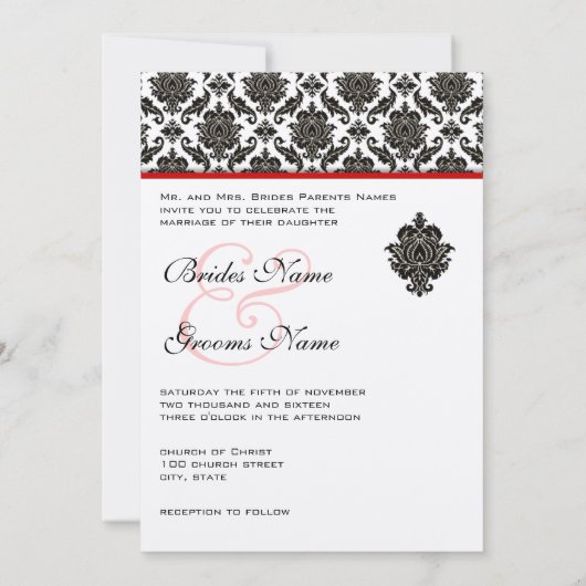Black Damask on White Red Trim Weddenschap Kaart (Achterkant)