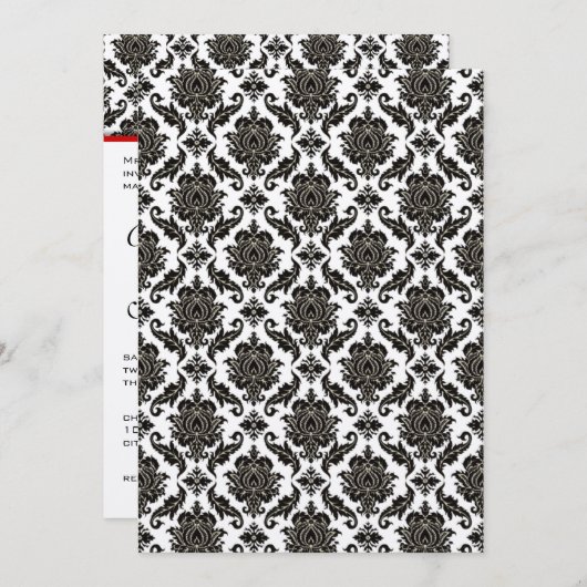 Black Damask on White Red Trim Weddenschap Kaart (Voorkant / Achterkant)