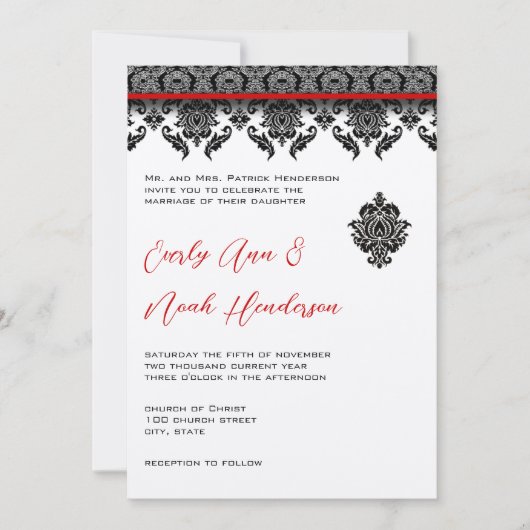 Black Damask on White Red Trim Weddenschap Kaart (Voorkant)
