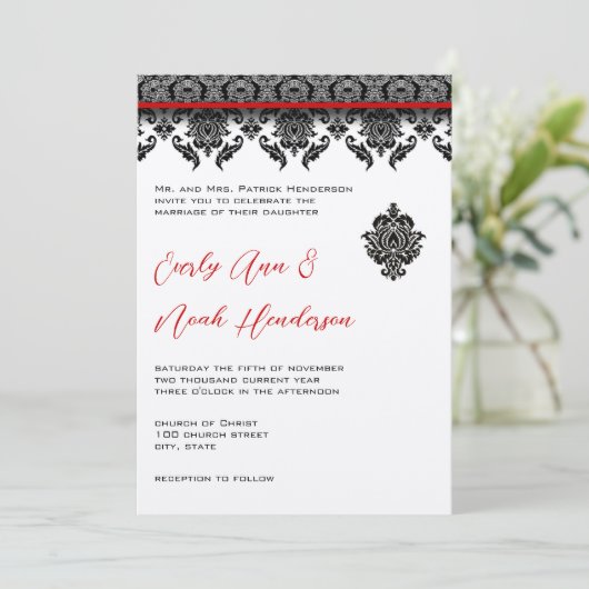 Black Damask on White Red Trim Weddenschap Kaart (Staand voorkant)