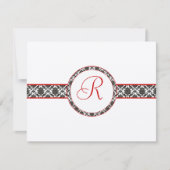 Black Damask on White Red Trim Weddenschap Respons RSVP Kaartje (Voorkant)