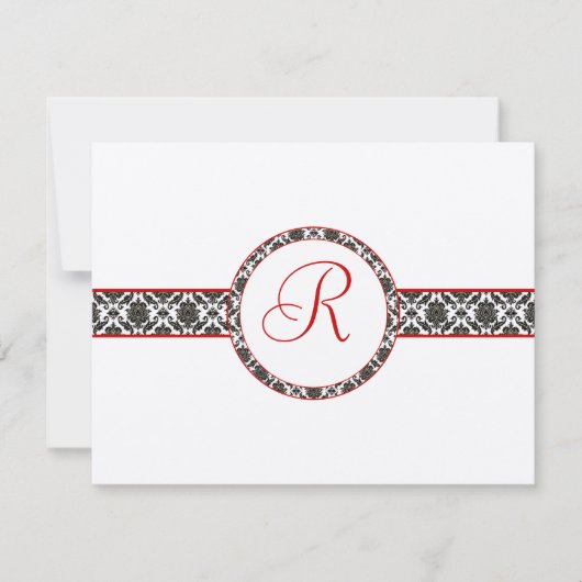 Black Damask on White Red Trim Weddenschap Respons RSVP Kaartje (Voorkant)
