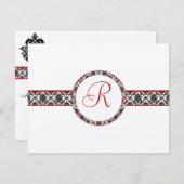 Black Damask on White Red Trim Weddenschap Respons RSVP Kaartje (Voorkant / Achterkant)