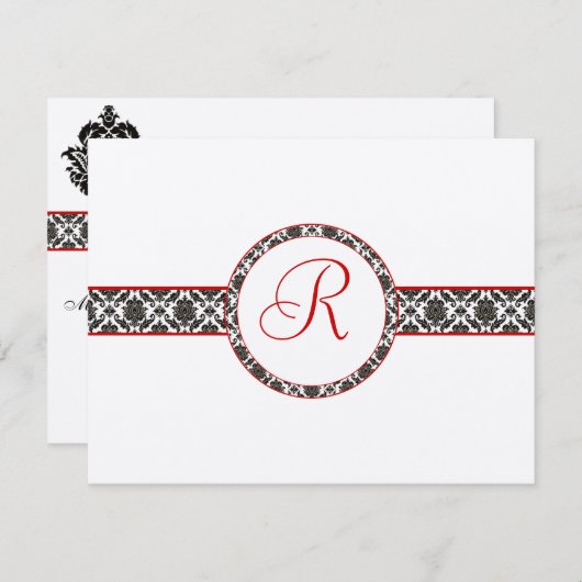 Black Damask on White Red Trim Weddenschap Respons RSVP Kaartje (Voorkant / Achterkant)