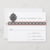 Black Damask on White Red Trim Weddenschap Respons RSVP Kaartje (Achterkant)