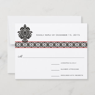 Black Damask on White Red Trim Weddenschap Respons RSVP Kaartje