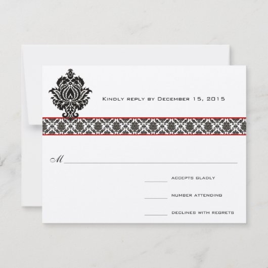 Black Damask on White Red Trim Weddenschap Respons RSVP Kaartje (Achterkant)