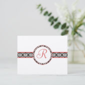 Black Damask on White Red Trim Weddenschap Respons RSVP Kaartje (Staand voorkant)