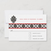Black Damask on White Red Trim Weddenschap Respons RSVP Kaartje (Voorkant)