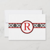 Black Damask on White Red Trim Weddenschap Respons RSVP Kaartje (Achterkant)