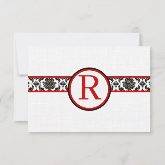 Black Damask on White Red Trim Weddenschap Respons RSVP Kaartje (Achterkant)