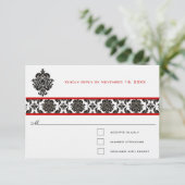 Black Damask on White Red Trim Weddenschap Respons RSVP Kaartje (Staand voorkant)