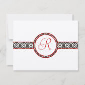 Black Damask on White Red Trim Weddenschap Respons RSVP Kaartje (Voorkant)