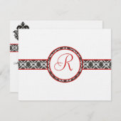 Black Damask on White Red Trim Weddenschap Respons RSVP Kaartje (Voorkant / Achterkant)