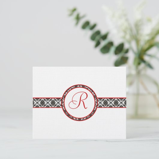 Black Damask on White Red Trim Weddenschap Respons RSVP Kaartje (Staand voorkant)