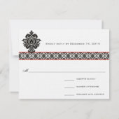 Black Damask on White Red Trim Weddenschap Respons RSVP Kaartje (Achterkant)