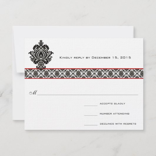 Black Damask on White Red Trim Weddenschap Respons RSVP Kaartje (Achterkant)