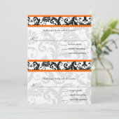 Black Damask Oranje Trim RSVP Wedding Invitation Kaart (Staand voorkant)