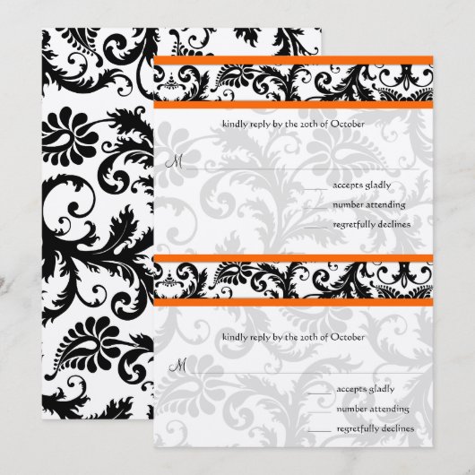 Black Damask Oranje Trim RSVP Wedding Invitation Kaart (Voorkant / Achterkant)