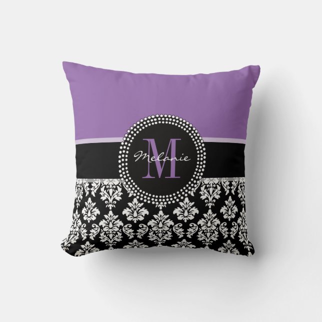 Black Damask Paars Monogram - Aangepaste piloot Kussen (Voorkant)