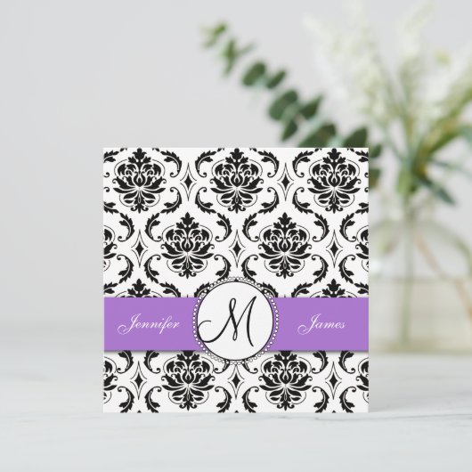 Black Damask Paars Wedding Invitation Kaart (Staand voorkant)