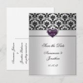 Black Damask Paarse Jewel Heart Silver Save the Da Aankondigingskaart (Voorkant / Achterkant)