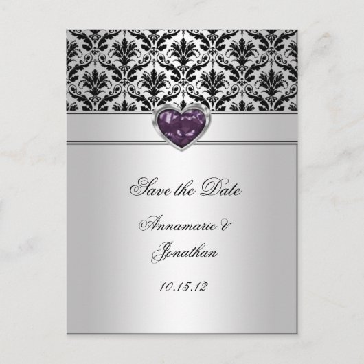 Black Damask Paarse Jewel Heart Silver Save the Da Aankondigingskaart (Voorkant)