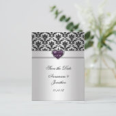 Black Damask Paarse Jewel Heart Silver Save the Da Aankondigingskaart (Staand voorkant)