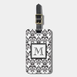 Black Damask Patroon 2 met Uw Monogram Bagagelabel