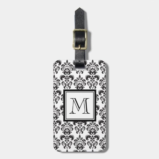 Black Damask Patroon 2 met Uw Monogram Bagagelabel (Voorkant verticaal)