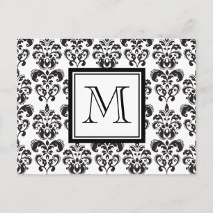 Black Damask Patroon 2 met Uw Monogram Briefkaart