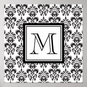 Black Damask Patroon 2 met Uw Monogram Poster