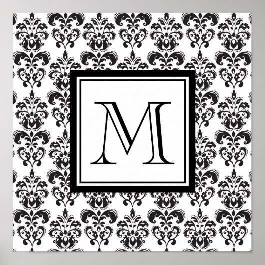 Black Damask Patroon 2 met Uw Monogram Poster (Voorkant)