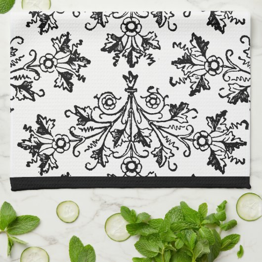 Black Damask Pattern op White Kitchen Towel Theedoek (Gevouwen)