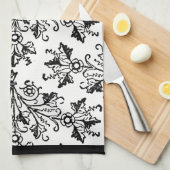 Black Damask Pattern op White Kitchen Towel Theedoek (Quarter Fold)