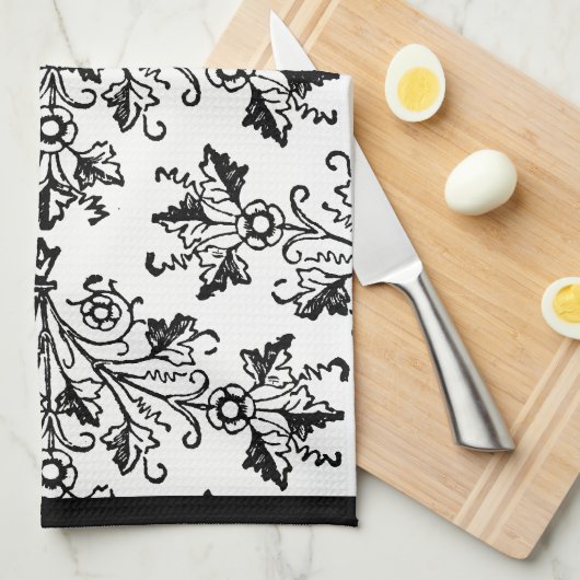Black Damask Pattern op White Kitchen Towel Theedoek (Quarter Fold)