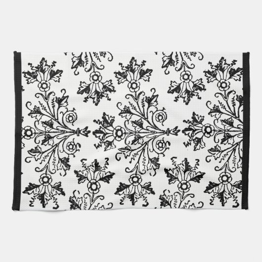 Black Damask Pattern op White Kitchen Towel Theedoek (Horizontaal)