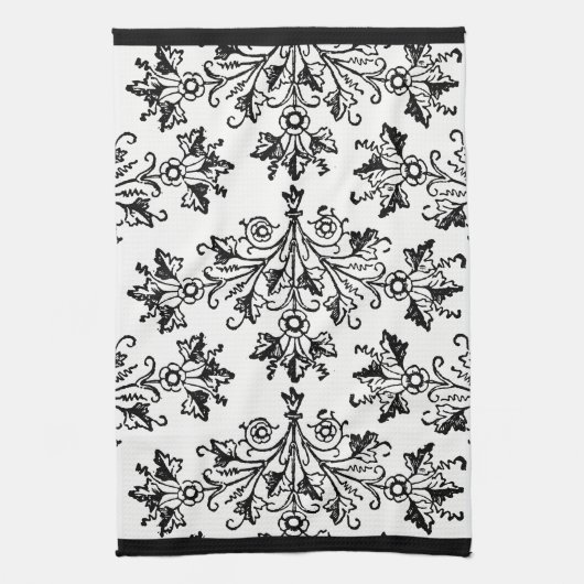 Black Damask Pattern op White Kitchen Towel Theedoek (Verticaal)