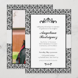 Black Damask Pattern Photo Afstuderen Invitation Kaart