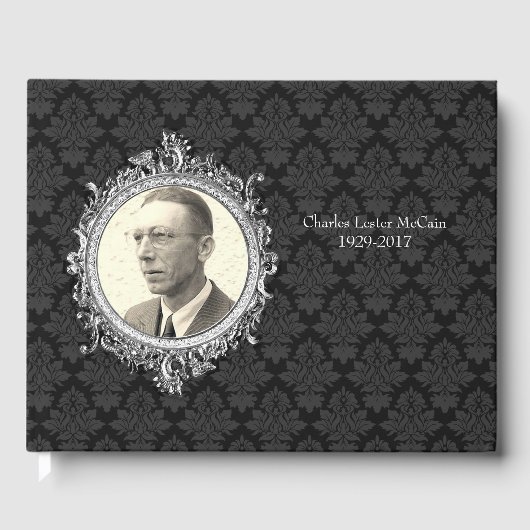 Black Damask Photo Funeral Guest Book Gastenboek (Voorkant)